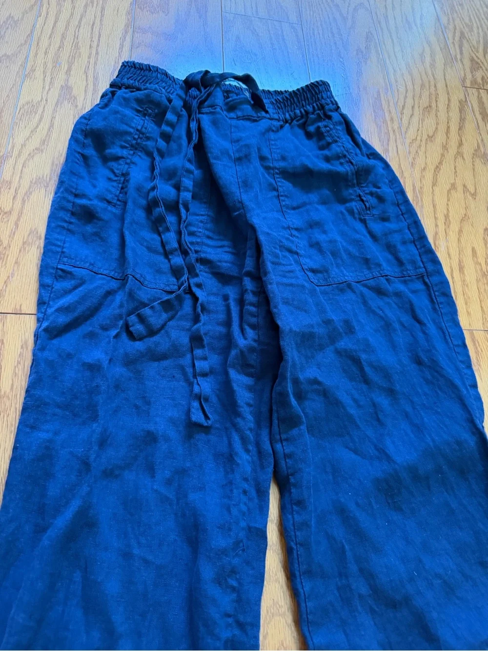 Zara Women's Navy Blue Drawstring Wide-Leg Linen Trousers Small S